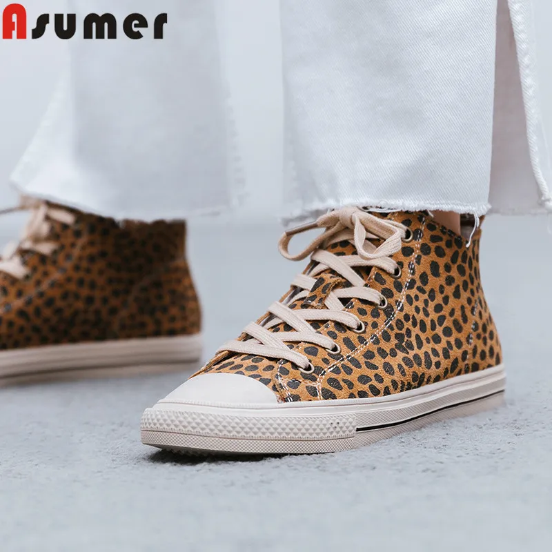 

ASUMER 2019 new shoes woman round toe lace up genuine leather shoes women Casual flats women leopard high shoes women