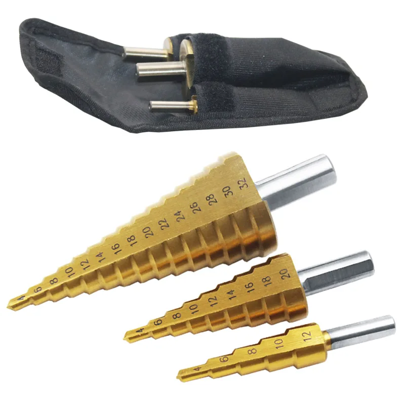 

Fixmee 3Pcs Professional HSS Steel Large Step Cone Titanium Coated Metal Drill Bit Cut Tool Set Hole Cutter 4-12/20/32mm