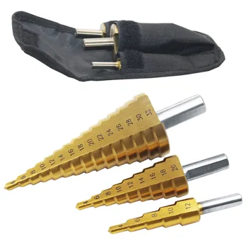 

Fixmee 3Pcs Professional HSS Steel Large Step Cone Titanium Coated Metal Drill Bit Cut Tool Set Hole Cutter 4-12/20/32mm