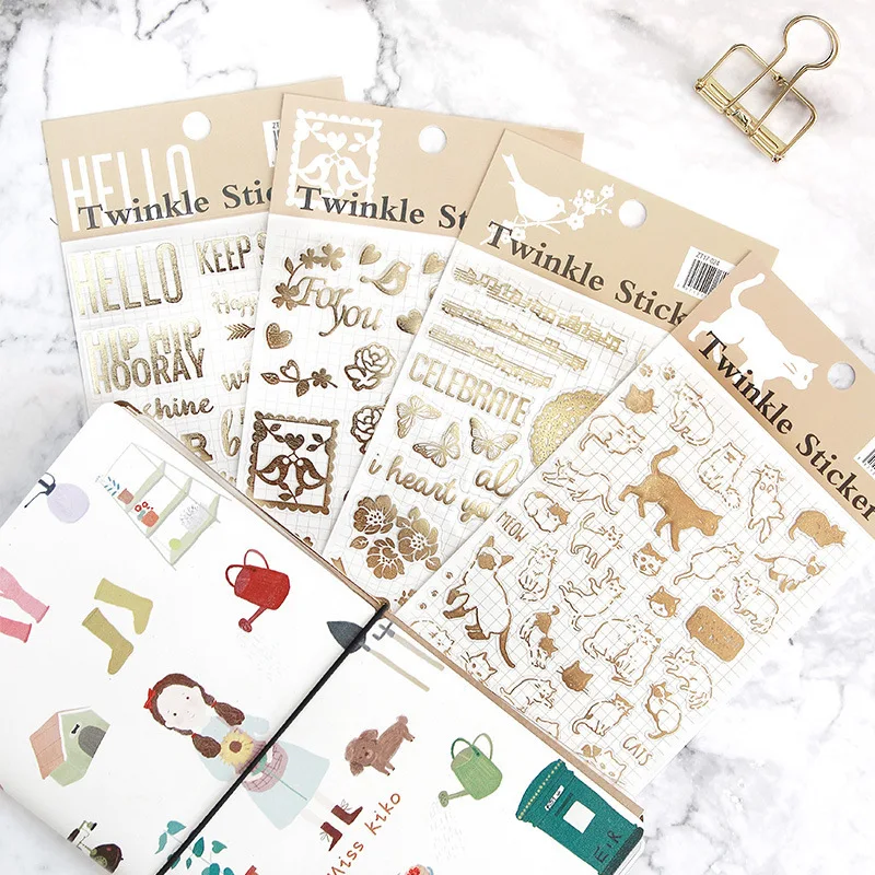 

New Arrival Twinkle Stickers Vintage Gold Foil Sticker For Diary Phone Planner Decoration Cute Cat Stationery School Supplies
