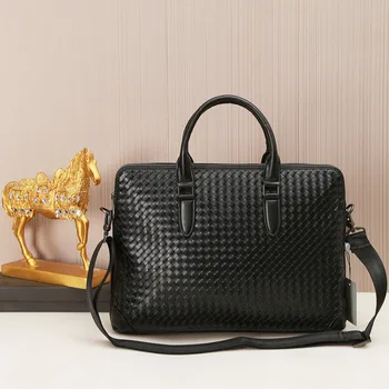 

Kaisiludi leather woven men's bag handbag business men's briefcase double pull computer bag large capacity single shoulder bag