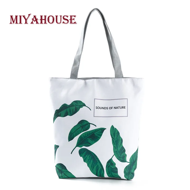 

Miyahouse New Arrival Green Leaves Design Shoulder Bags Female Portable Single Shopping Bags Hot Summer Women Canvas Beach Bag