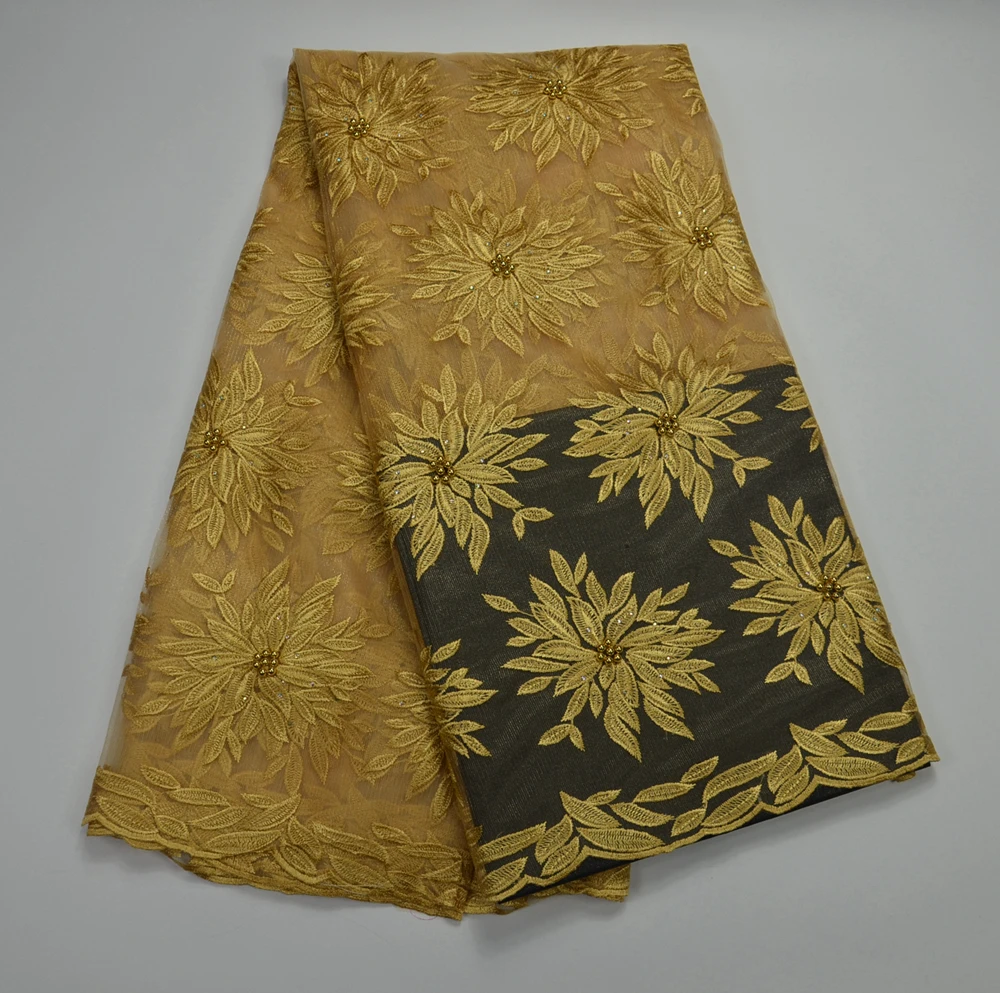 

Gold African French Lace Fabric African lace fabric 2017 high quality lace African Tulle Lace with stones beaded SAE4047
