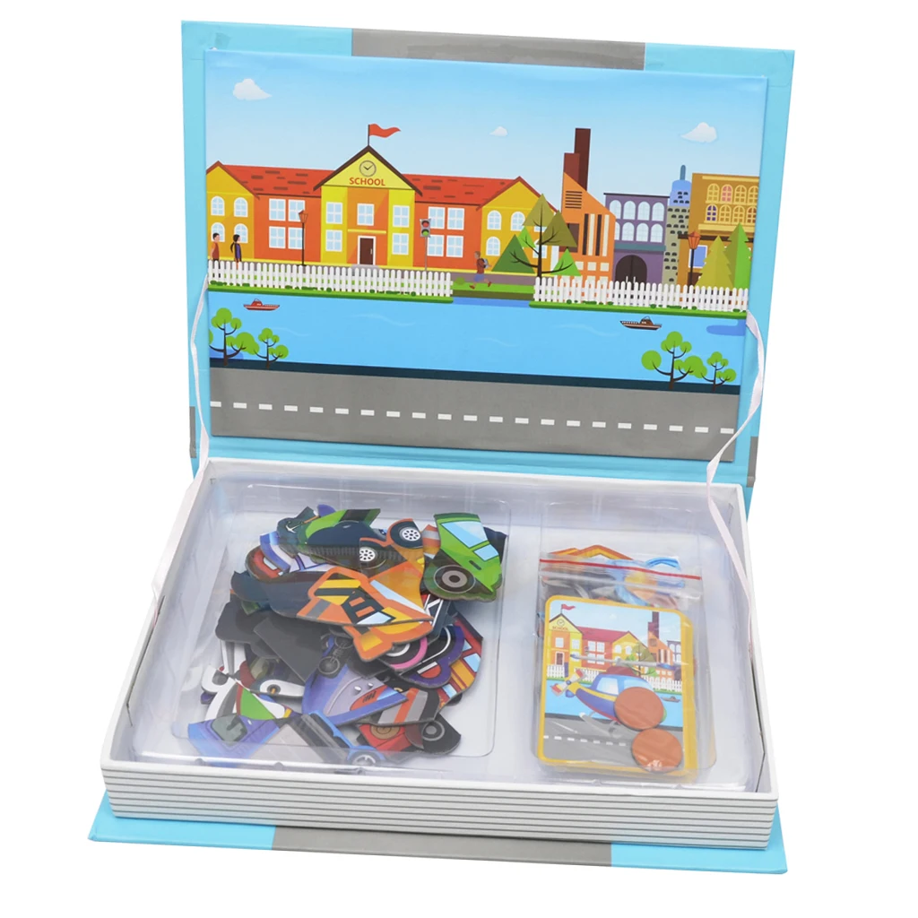 77Pcs/ Set Magnetic Puzzles Book Educational Drawing Toys 3D Vehicle Matching Jigsaw for Baby Toddlers Cognition Developmental