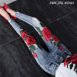Джинсы Mujer 2019 Осень Зима Высокая талия цветы вышивка микро расклешенные джинсы женские соблазнительно обтягивающее бедра стрейч брюки