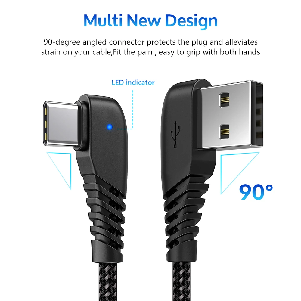 TIEGEM 90 degree USB Type C Cable 2A USB-C Cable Type-C Fast Charging Cord for Nintendo Switch Samsung S8 S9 for Huawei P20 Pro