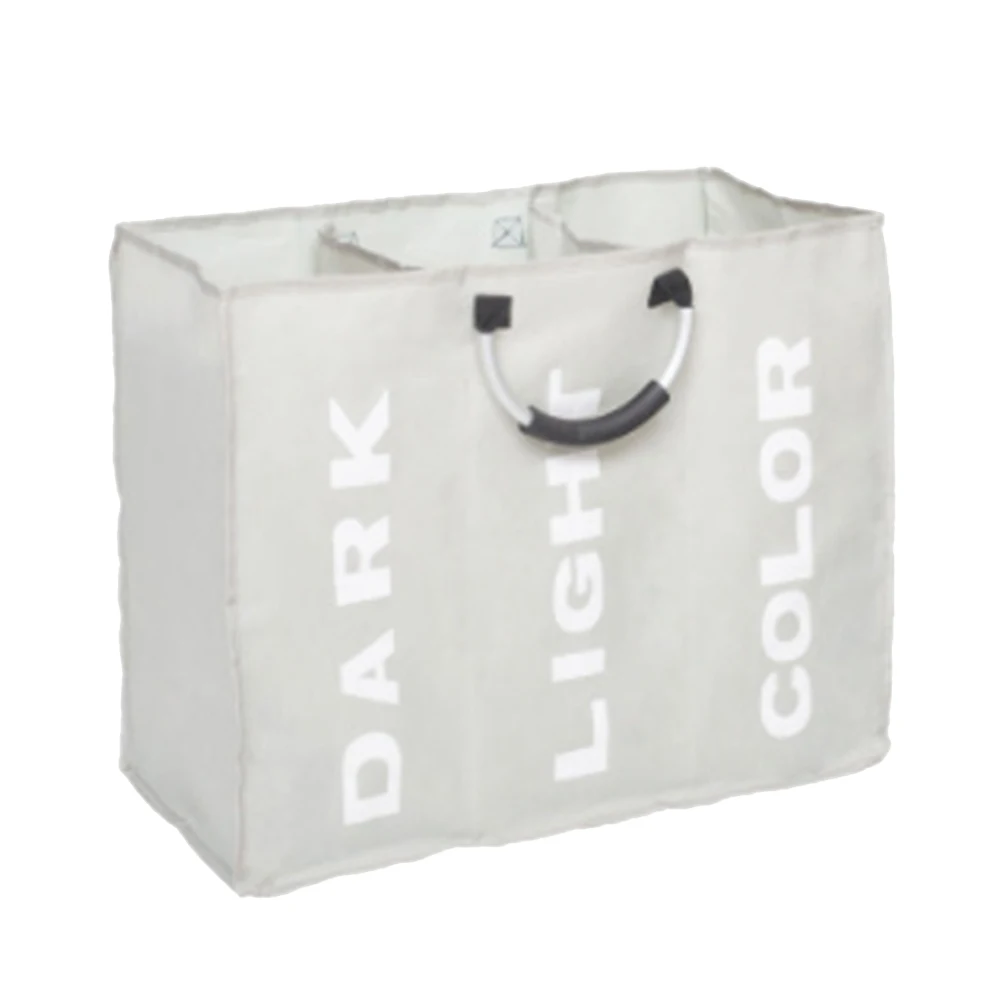 

1pc Laundry Bag 3 Slots Folding Dirty Laundry Bin Handled Waterproof Laundry Hamper (Light Grey)