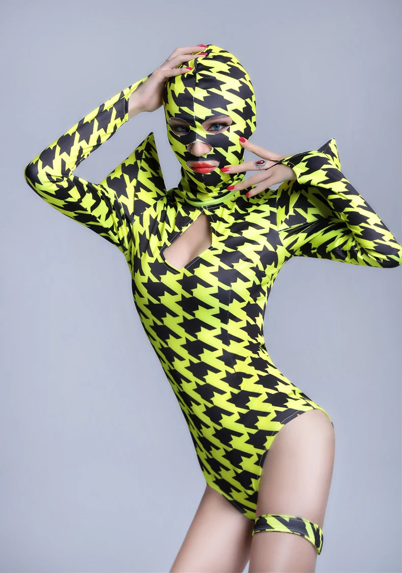 Europe Fashion Women Swallow gird Costume Sets Ds hip hop dance singer Houndstooth Performance wear Sexy Neon One piece Bodysuit