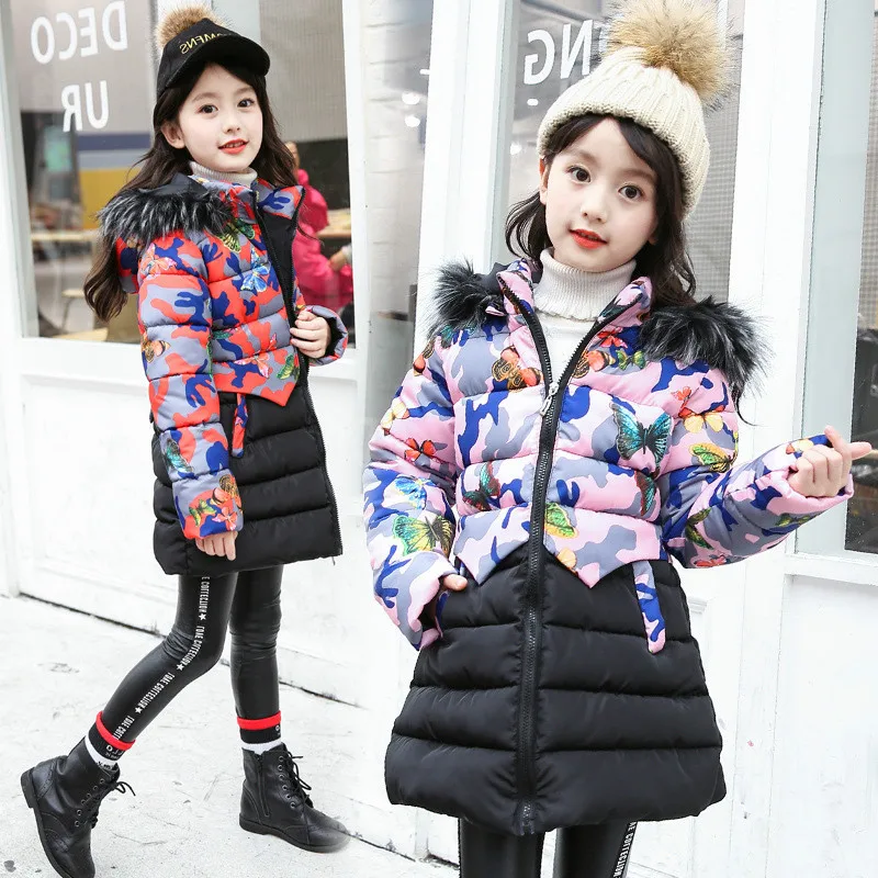 

6-16 Years Girl Winter Coat Children Down Jacket Hooded Fur Collar Butterfly Stitching Kids Outerwear & Coats Thick Warm Parkas