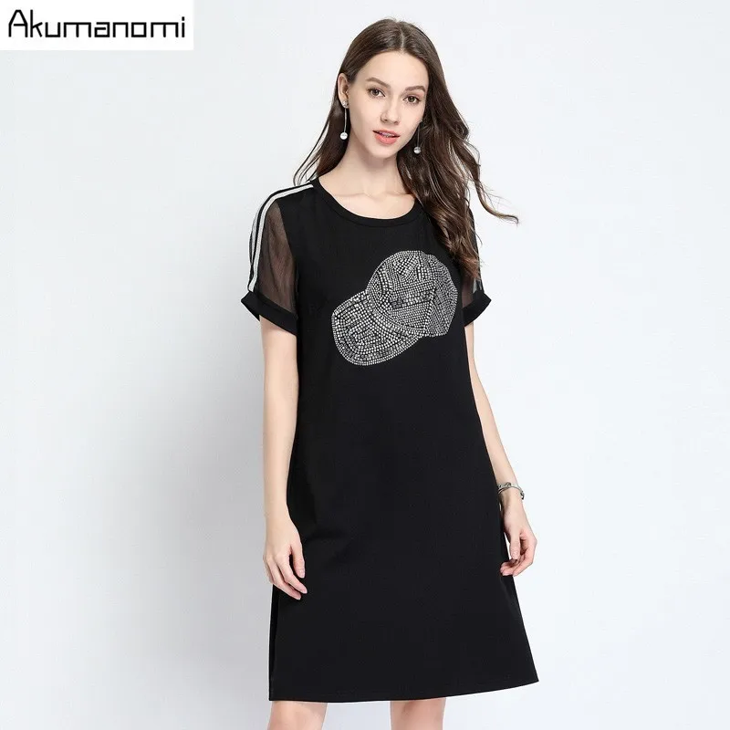 Черный Summer Dress Women Plus Size 5XL Black O-neck Mesh Short Sleeve Sequined Dress Free Shipping Vestidos De Verano Robe Longue - Цвет: Черный