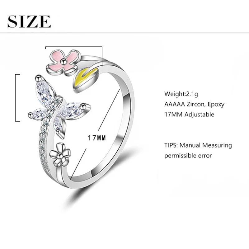 Anenjery сладкий AAAAA циркон бабочка любовь цветок 925 пробы серебряные кольца для женщин подарок 17 мм регулируемый Bague S-R386