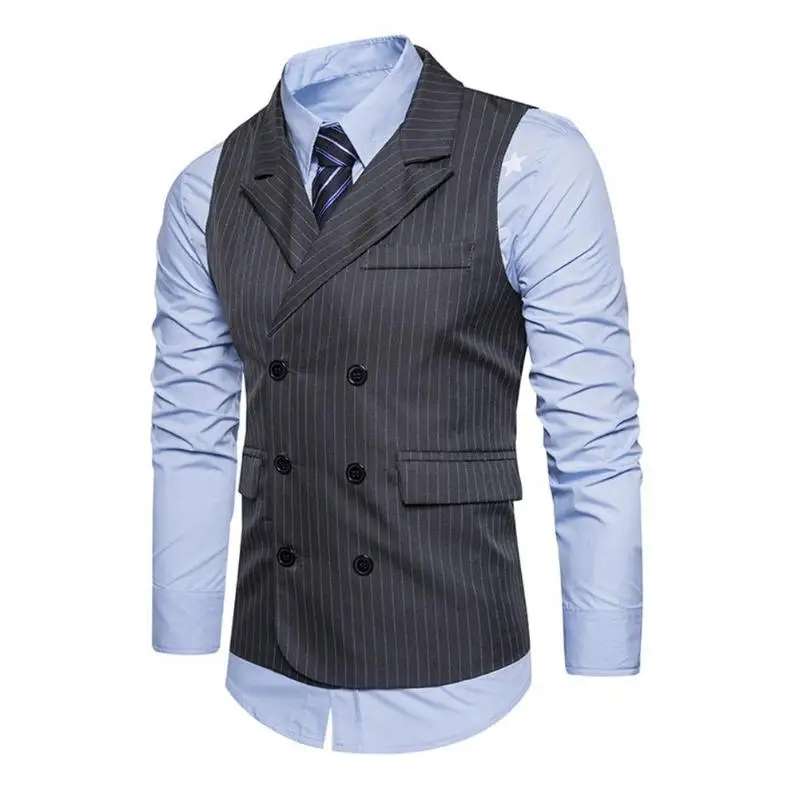 Для мужчин жилет дуги Подол в полоску Повседневное Slim Fit Жилет Homme двубортный