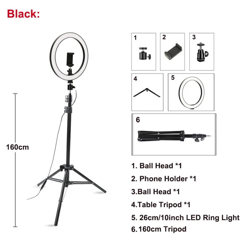 Светодиодный кольцевой светильник с регулируемой яркостью для студийной видеосъемки, 10 дюймов, 3200-5600 K, для селфи, смартфона, макияжа в реальном времени, Youtube, портретный светильник - Цвет: Черный