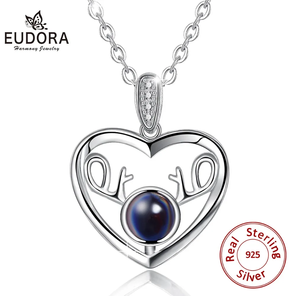 

EUDORA 925 Sterling Silver I love You Cute elk Heart love Pendant Necklace AAA CZ fine Jewelry for Women girlfriend best gifts