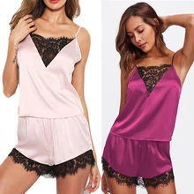 2 шт. Для женщин пикантные атласные кружева пижамы платье шорты Нижнее белье Ночная Пижама Атлас летняя одежда