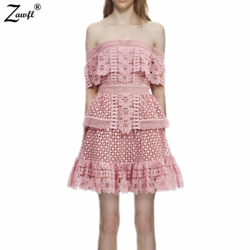 

ZAWFL 2019 Summer Self Portrait Off Shoulder Slash Neck Lace Dress Runway Cake Layered Hollow Out Backless Pink Red Mini Dress