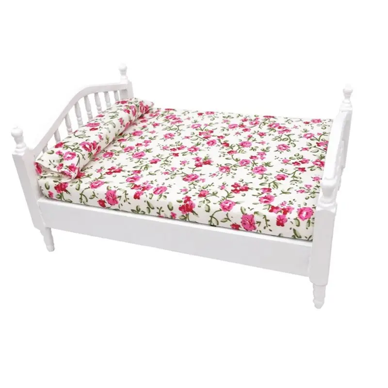  Doll house accessories Wooden Double Queen Bed Flower Pattern Mini Furniture For 1/12 Scale Doll