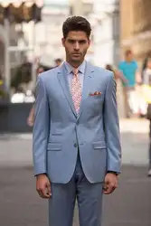 Последние Пальто Штаны дизайнерский Блейзер голубого цвета Нотч две кнопки смокинги Заказная форма Для мужчин костюмы (куртка + штаны +