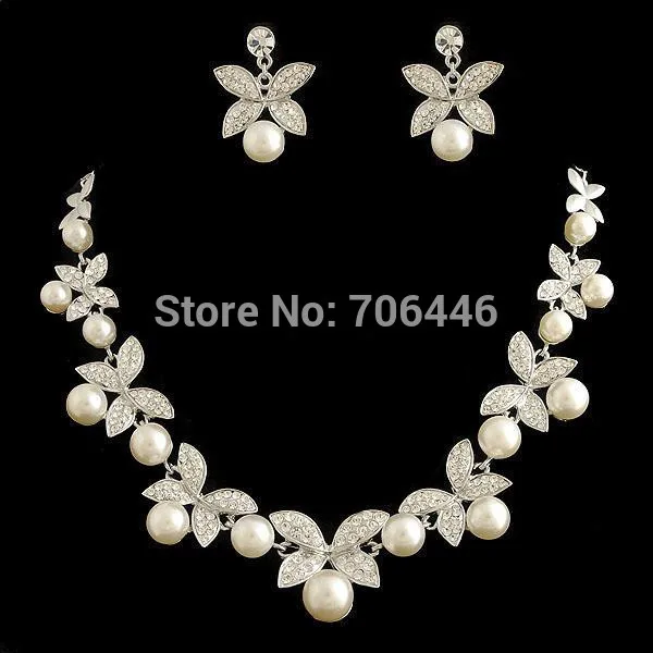 Silver Plated Wedding Bridal Jewelry Sets Ivory Pearl Rhinestone Crystal Wedding Necklace and Earrings