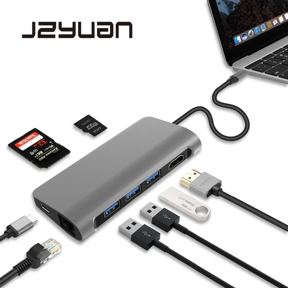 

JZYuan Laptop Docking Station 8 in 1 USB C Dock For Macbook Pro With HDMI RJ45 Ethernet USB 3.0 PD For Galaxy S9 Huawei P20 Pro