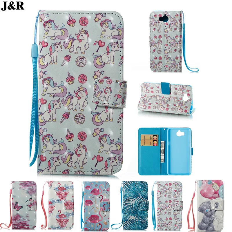 J&ampR For Huawei Y5 2017 Cases Cover Y6 Case Luxury Book Flamingo Unicorn Flip Wallet Leather Phone Bag | Мобильные телефоны и