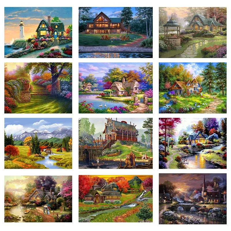 

Framed Diamond Embroidery Landscape Handmade Diamond Painting Village Seaside Needlework Mosaic Cross Stitch Home Decor Gift