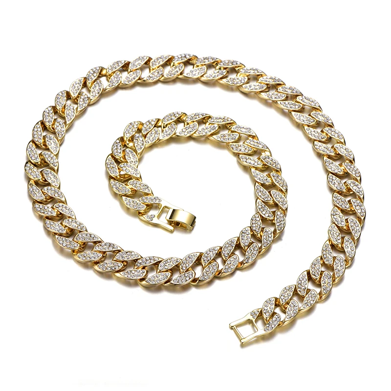 Iced Out Bling Rhinestone Gold Silver Miami Curb 16 MM Cuban Link Chain Necklace Men's Hip Hop Necklace Jewelry 16/18/20/24 Inch