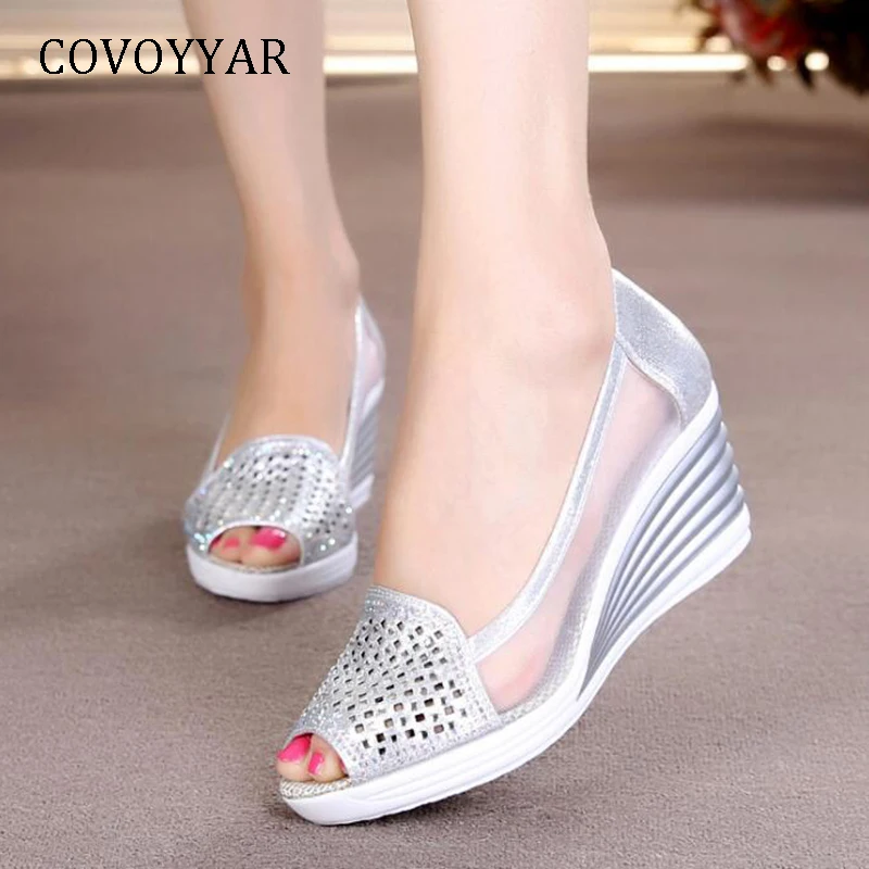 

COVOYYAR 2019 Luxury Crystal Women's Pumps Summer Sexy mesh Peep Toe Lady High Heels Silver/Golden Wedge Shoes Women WHH694