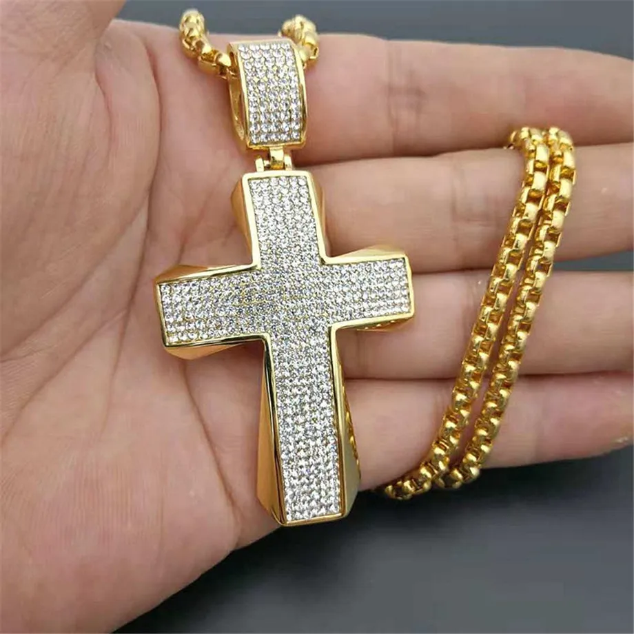 Men&#39;s Necklace Big Cross Pendant & Chain Mens Gold Color Stainless Steel Christian Necklaces ...