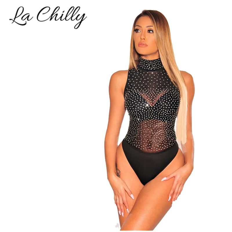 

Bodis Sexis Para Mujer Lady Sexy Catsuit Black Sheer Silver Rhinestone Studded Mock Neck Bodysuit LC32371 Body Transparente