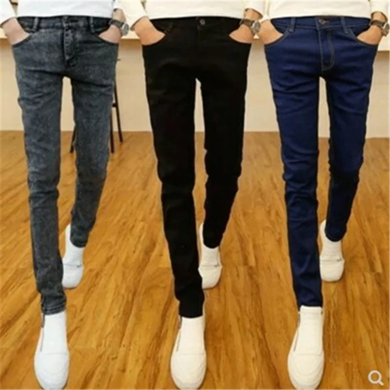 Подростковые утолщение плюс бархатные джинсы мужские тонкие ноги брюки Теплые повседневные студенты стрейч Длинные брюки зима
