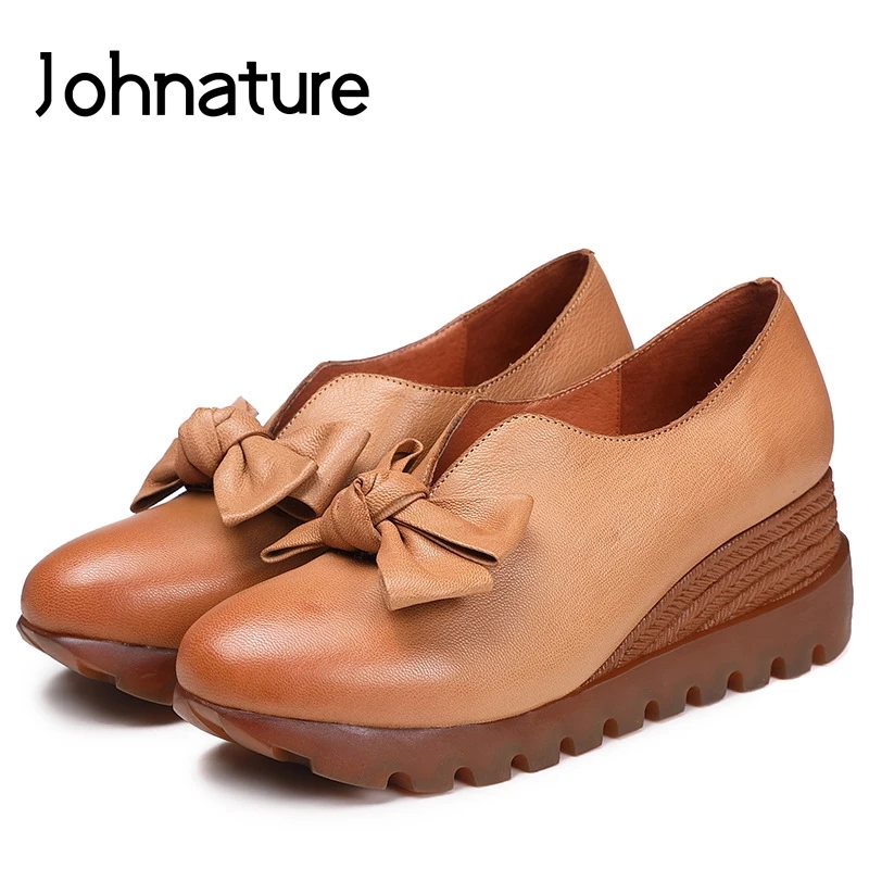 

Johnature 2019 New Spring/Autumn Genuine Leather Casual Round Toe Retro High Heel Shoes Butterfly-knot Women Shoes