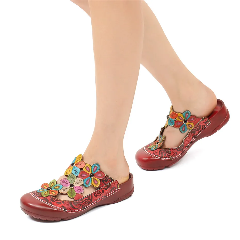 Vintage Printed Round Toe Slippers Women Shoes Genuine Leather Summer Bohemian Beach Lady Slides Flower Casual Shoe Woman Sandal (3)