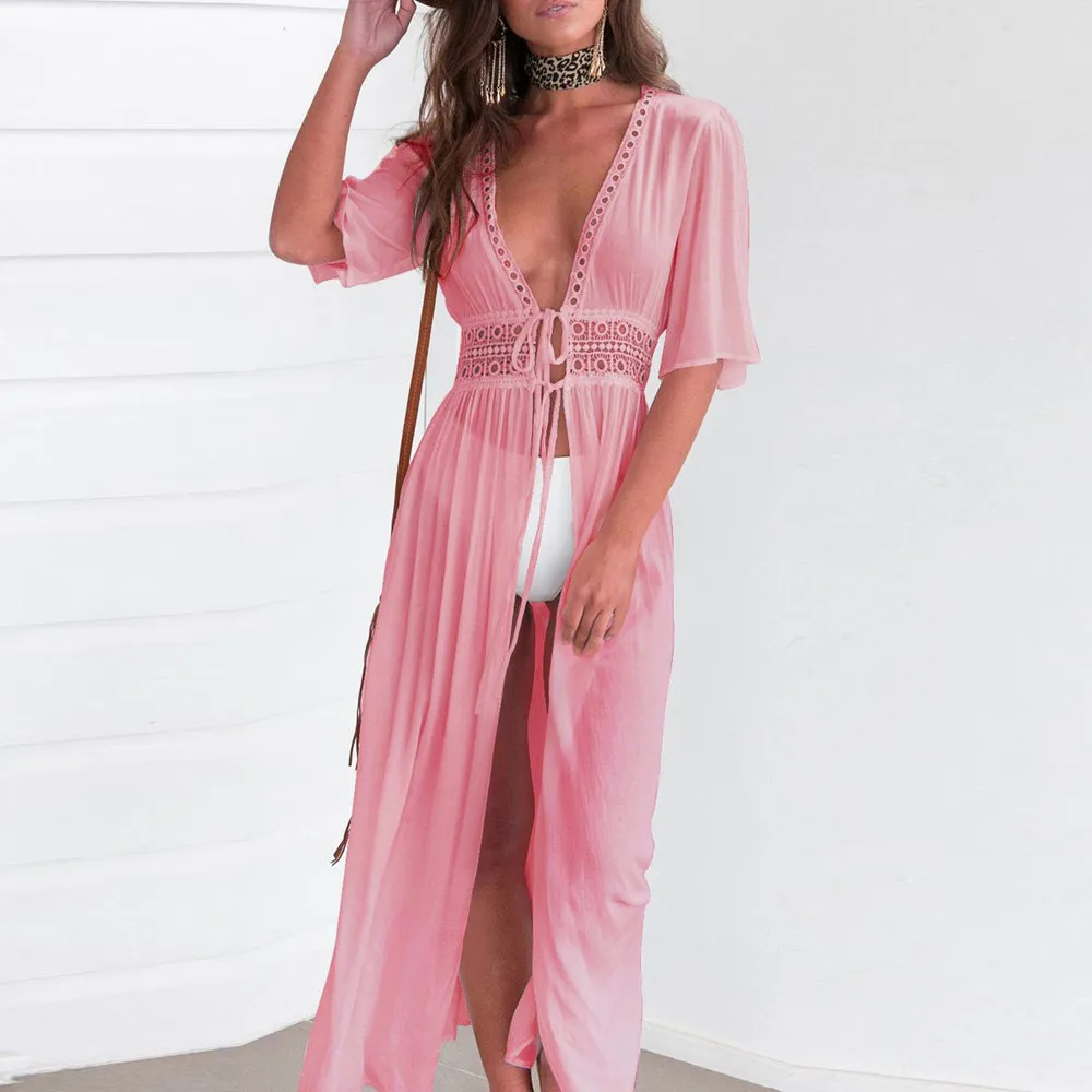 

Summer Beach Chiffon Dress Women Bikini Swimwear Cover Up Cardigan Sexy Ladies Solid Hollow Out Beach Swimsuit Dresses vestidos