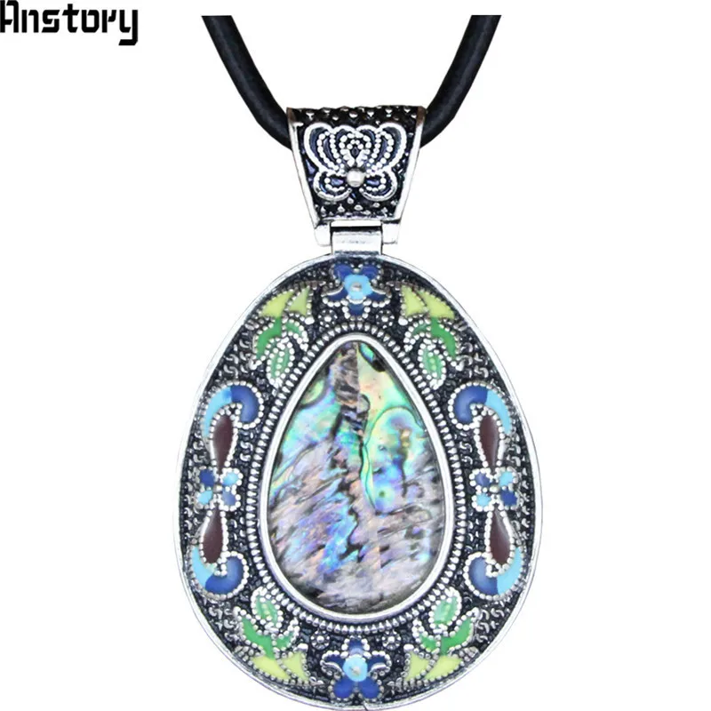 

Oil Painting Drop Pendant Shell Necklace For Women Vintage Leather Chain Necklace Antique Silver Plated Fashion Jewelry TN432