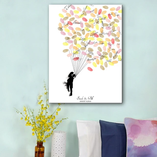 Fingerprint Balloon Signature Canvas Painting Hug Of Bride Groom Fingerprint Balloon Signature Canvas Painting Hug Of Bride Groom Wedding Gift Decoration Diy Guest Book