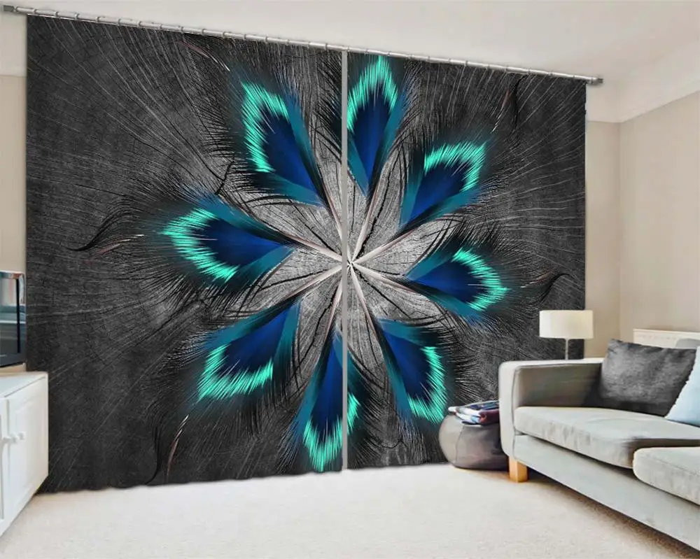 

Dark background with blue feathers 3D Curtains For Bedroom Kids Living Room Drapes Fabric Polyester Set with Hooks