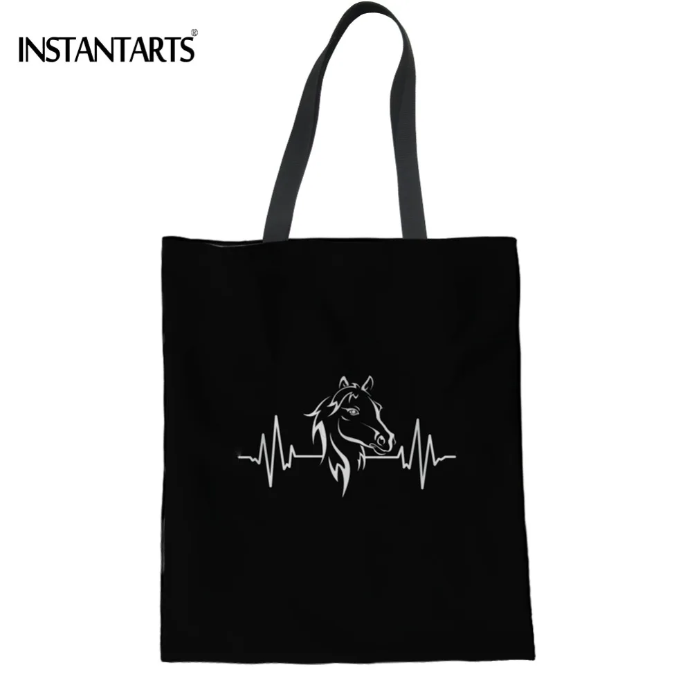 INSTANTARTS лошадь сердцебиение шаблон женская черная хлопчатобумажная сумка сумки Повседневная Большая емкость тканевые сумки многоразовая эко-сумка