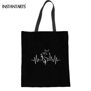 

INSTANTARTS Horse Heartbeat Pattern Woman's Black Cotton Shopping Tote Bags Causual Large Capacity Cloth Bags Reusable Eco Bag