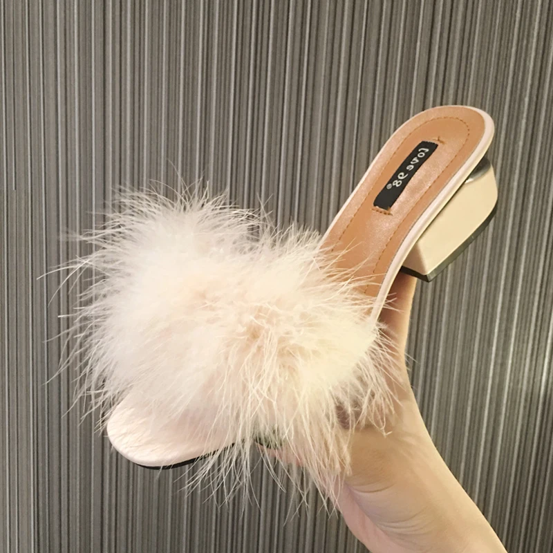 ostrich feather high heel sandals women summer med heel open toe beach ...