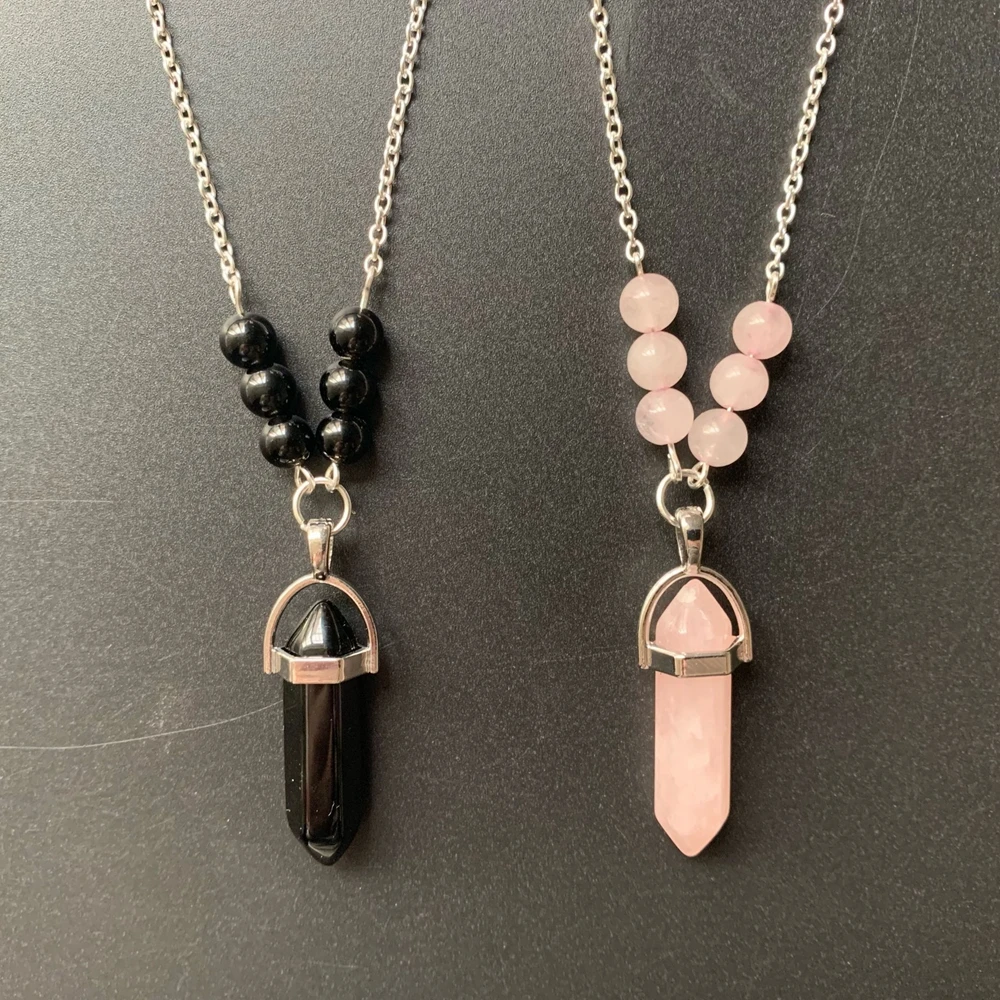 Natural Rose Quartz Obsidian Healing Point Stone Hexagonal Column Necklaces Pendants Health Energy Silver Chain 1pc | Дом и сад