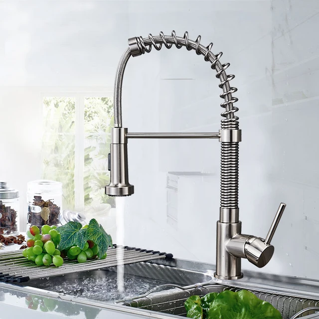 Brushed Nickel Spring Kitchen Sink Faucet Sprayer Stream Spout Pull Brushed Nickel Spring Kitchen Sink Faucet Sprayer Stream Spout Pull Down Swivel Mixers Deck Mount