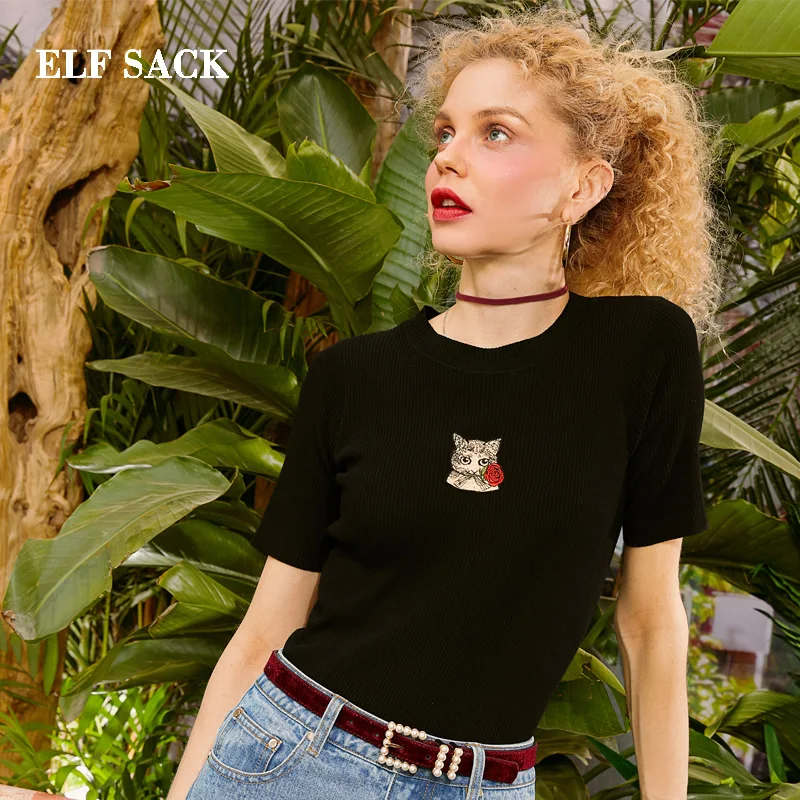 

ELF SACK 2019 Skinny Woman Sweater Casual Hand Knitted O-Neck Short Women Pullovers Cat Print Streetwear Female Sweater