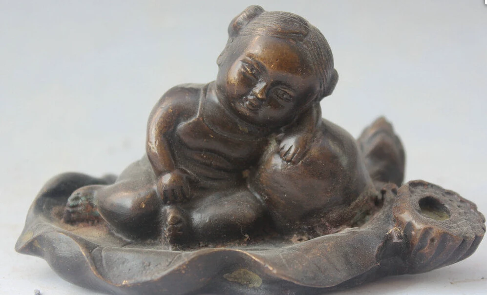 

5" Chinese Bronze Folk Feng Shui Tong Zi moppet gal lotus leaf Statue sculpture