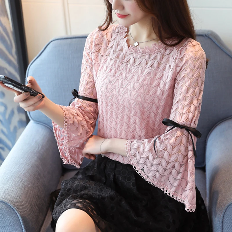 

2019 Spring Fashion Solid Lace Shirts Women Blouses Long Sleeve O-neck Hollow Out Bow Flare Sleeve Shirt Women Tops Lace 21F3