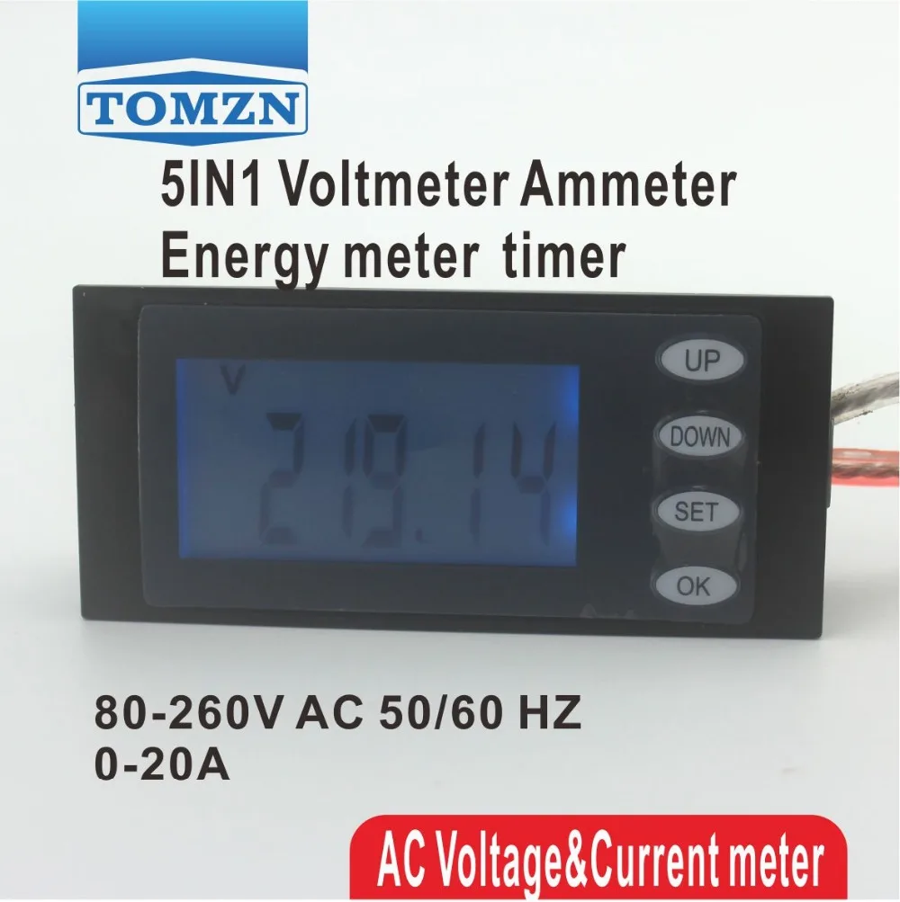 

LCD 5IN1 display 20A Voltage current active power energy meter blue backlight panel voltmeter ammeter kwh 80-260V 50/60HZ