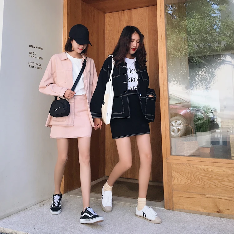

2019 autumn women fashion denim coat+jeans three buttons skirt clothes set female students preppy style denim suits twinset