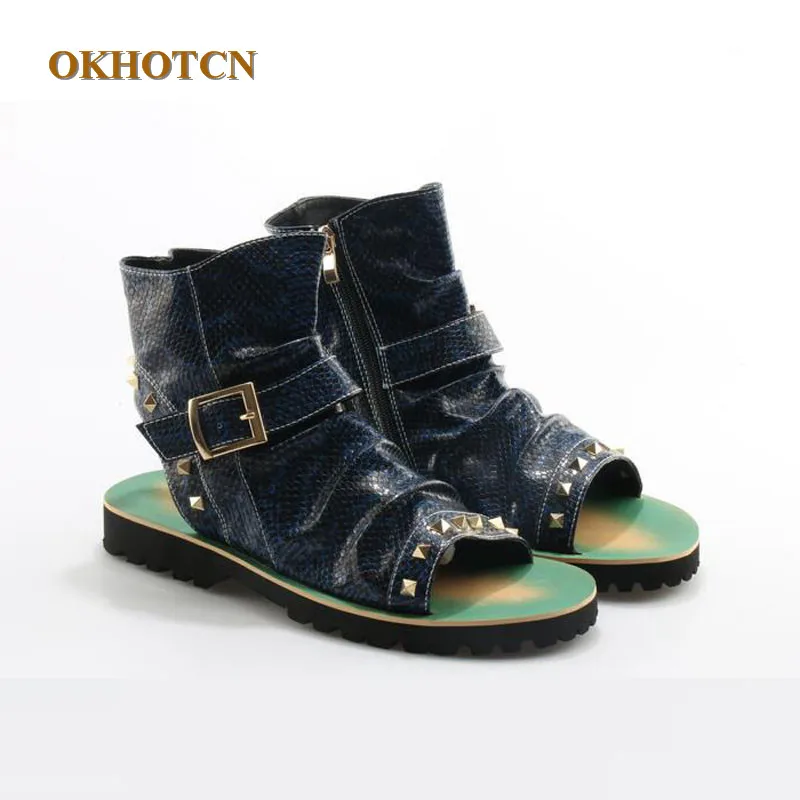

2018 Summer New Mens Sandals Rome Serpentine Luxury Leather Beach Casual Flats Open Toe Zipper Brand Breathable Daily Shoes Men