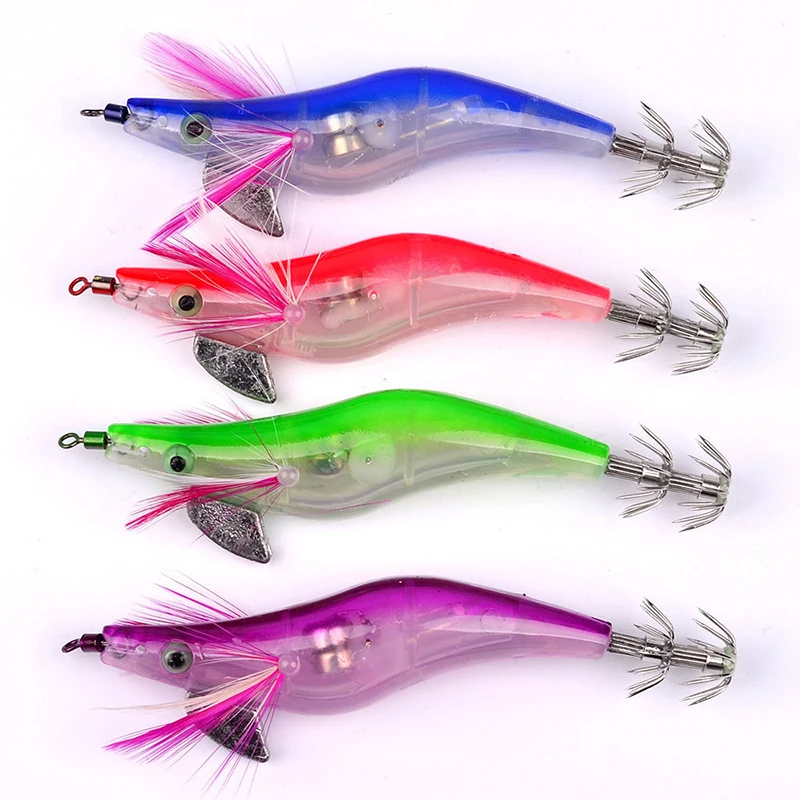 

4 PCS Flashing LED Light Shrimp Fishing Lures Baits Squid Jigs Hooks Tackle Lots