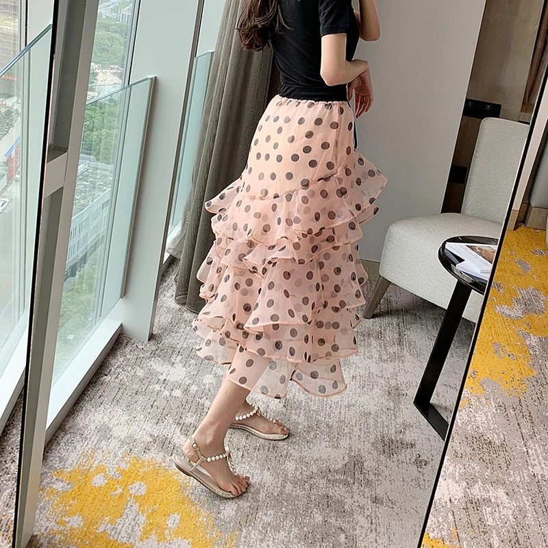 TWOTWINSTYLE Casual Polka Dot Skirt For Women High Waist Bandage Ruffles Slim Chiffon Skirts Female Fashion Summer New